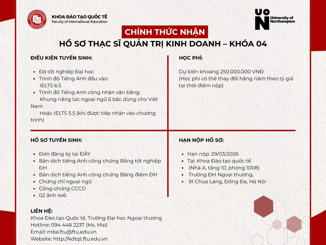 ADMISSION ANNOUNCEMENT – MASTER OF BUSINESS ADMINISTRATION (MBA) – COHORT 04 A JOINT PROGRAM BETWEEN FOREIGN TRADE UNIVERSITY AND THE UNIVERSITY OF NORTHAMPTON (UK)