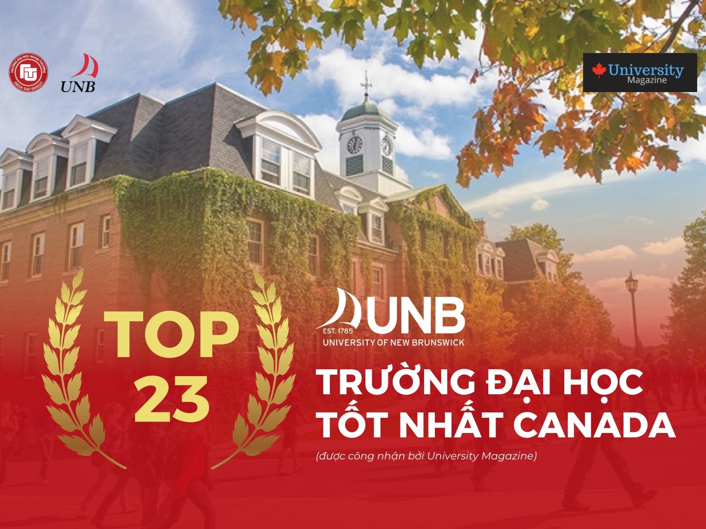 CHÚC MỪNG ĐẠI HỌC NEW BRUNSWICK (CANADA) ĐƯỢC VINH DANH TRONG TOP 23 TRƯỜNG ĐẠI HỌC TỐT NHẤT TẠI CANADA NĂM 2025 