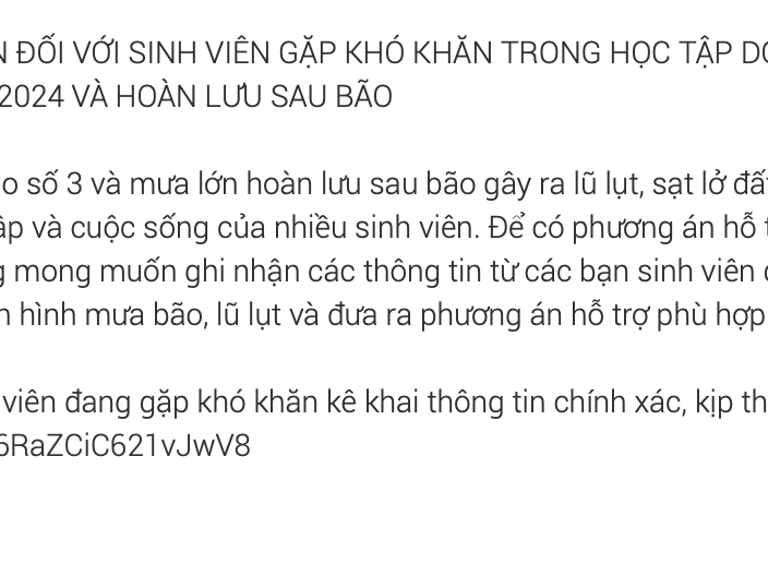 ĐĂNG KÝ THÔNG TIN ĐỐI VỚI SINH VIÊN GẶP KHÓ KHĂN TRONG HỌC TẬP DO ẢNH HƯỞNG CỦA CƠN BÃO SỐ 3 NĂM 2024 VÀ HOÀN LƯU SAU BÃO