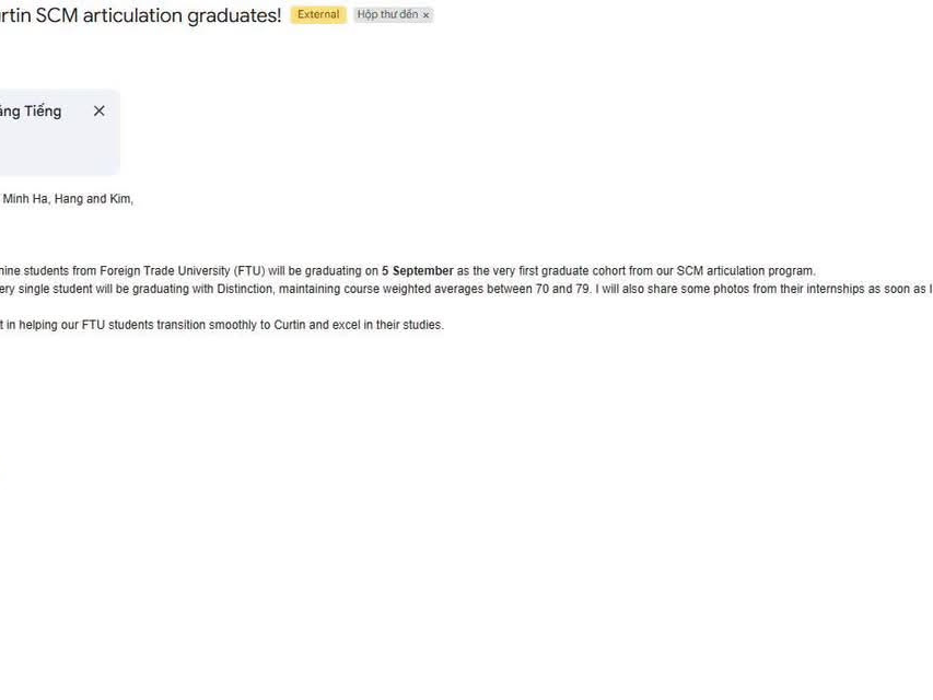 FIRST GRADUATING CLASS OF THE FTU-CURTIN LOGISTICS PROGRAMME ACHIEVES 100% DISTINCTION