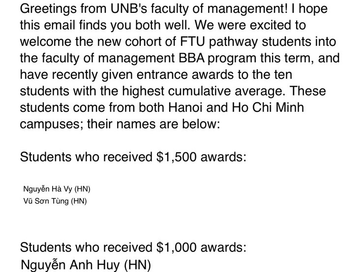 FTU – UNB Program Students Receive Entrance Scholarships from the University of New Brunswick (Canada)