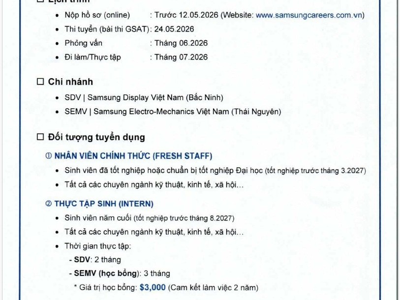 [GÓC TUYỂN DỤNG] - Thông tin tuyển dụng từ Samsung Việt Nam - các em cùng tham khảo nhé