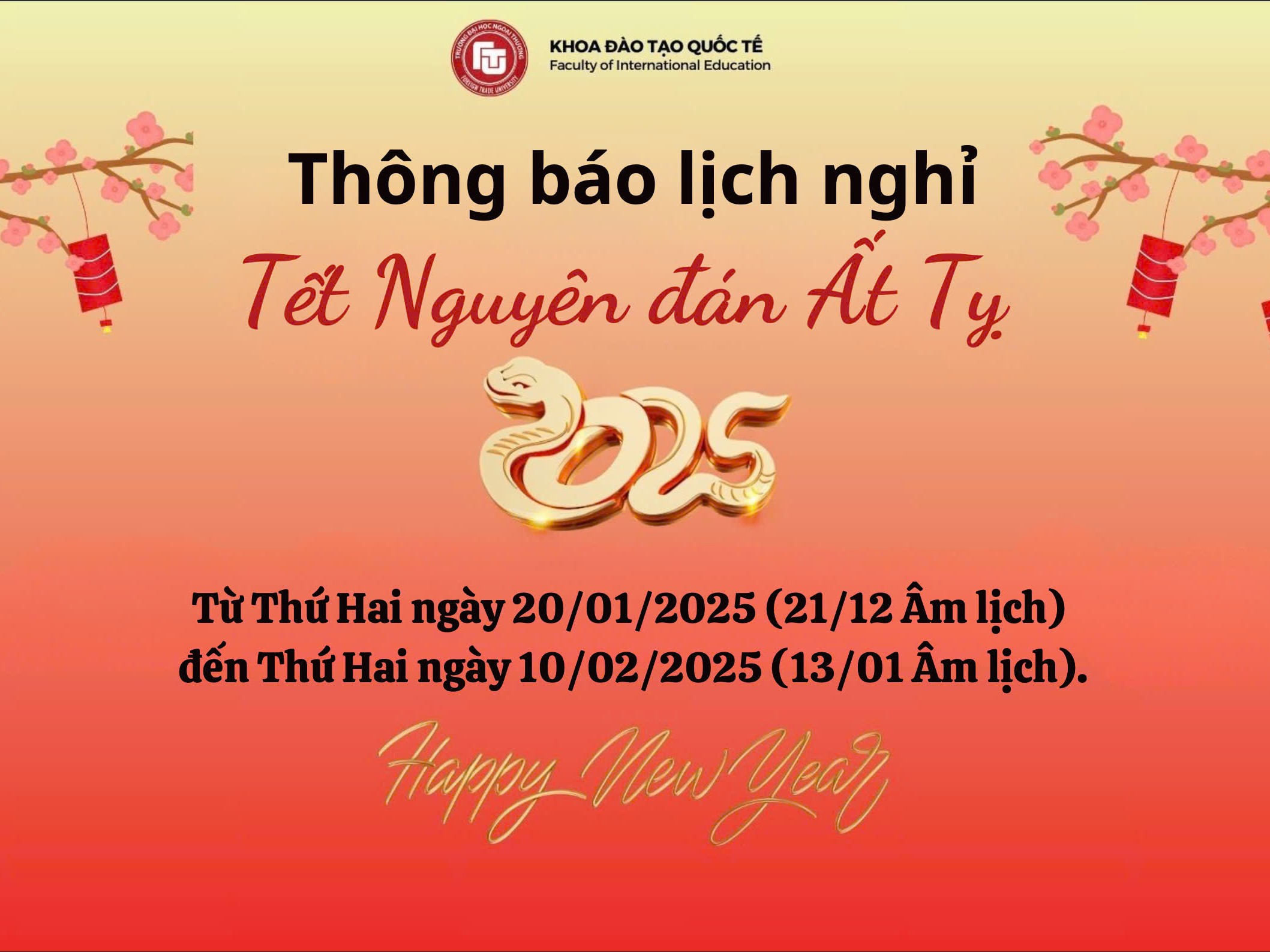 THÔNG BÁO LỊCH NGHỈ TẾT NGUYÊN ĐÁN 2025