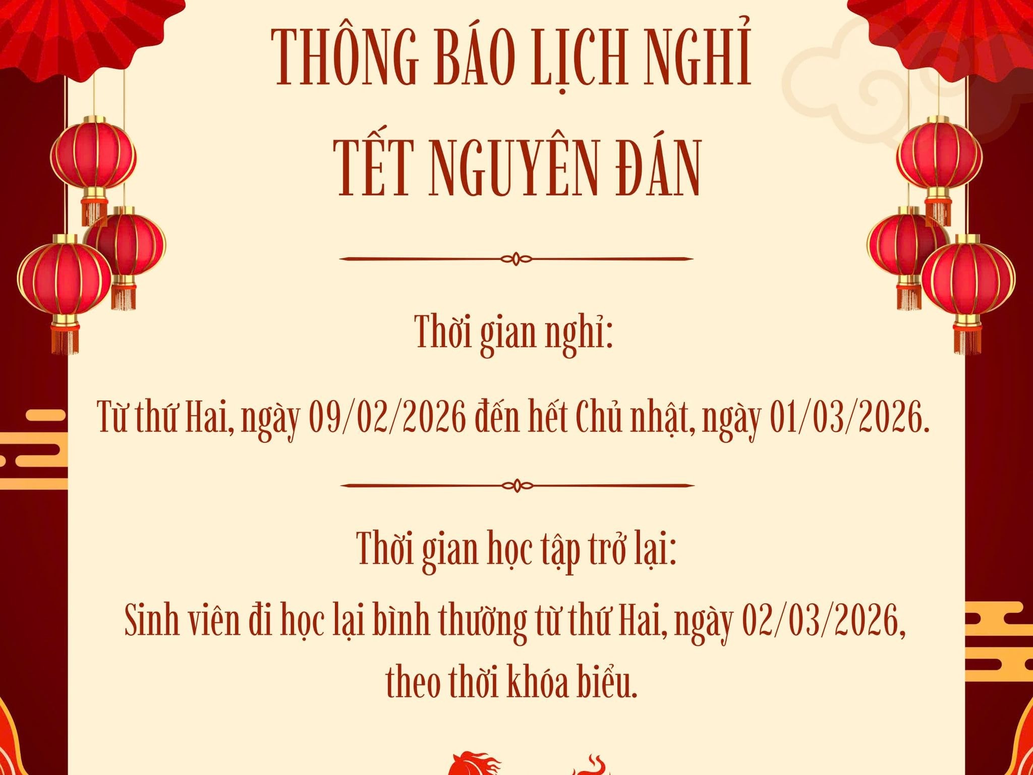 THÔNG BÁO LỊCH NGHỈ TẾT 2026! 