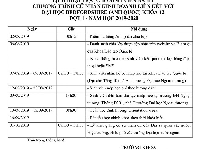 THÔNG BÁO LỊCH TIẾN ĐỘ NHẬP HỌC CHO SINH VIÊN VÀO NĂM 1 VÀ VÀO THẲNG NĂM 2 ĐỢT 1 - NĂM 2019-2020 