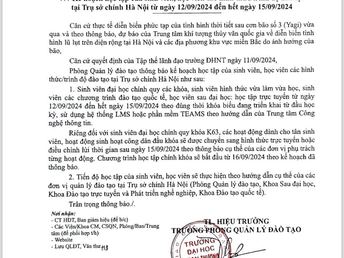 THÔNG BÁO: SINH VIÊN HỌC TẬP TRỰC TUYẾN TỪ NGÀY 12/09/2024 ĐẾN HẾT NGÀY 15/09/2024