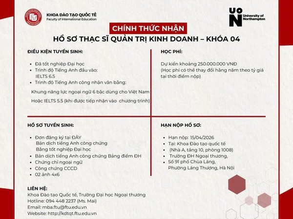 THÔNG BÁO TUYỂN SINH - CHƯƠNG TRÌNH THẠC SĨ QUẢN TRỊ KINH DOANH (MBA) – KHÓA 04 - ĐỢT 02