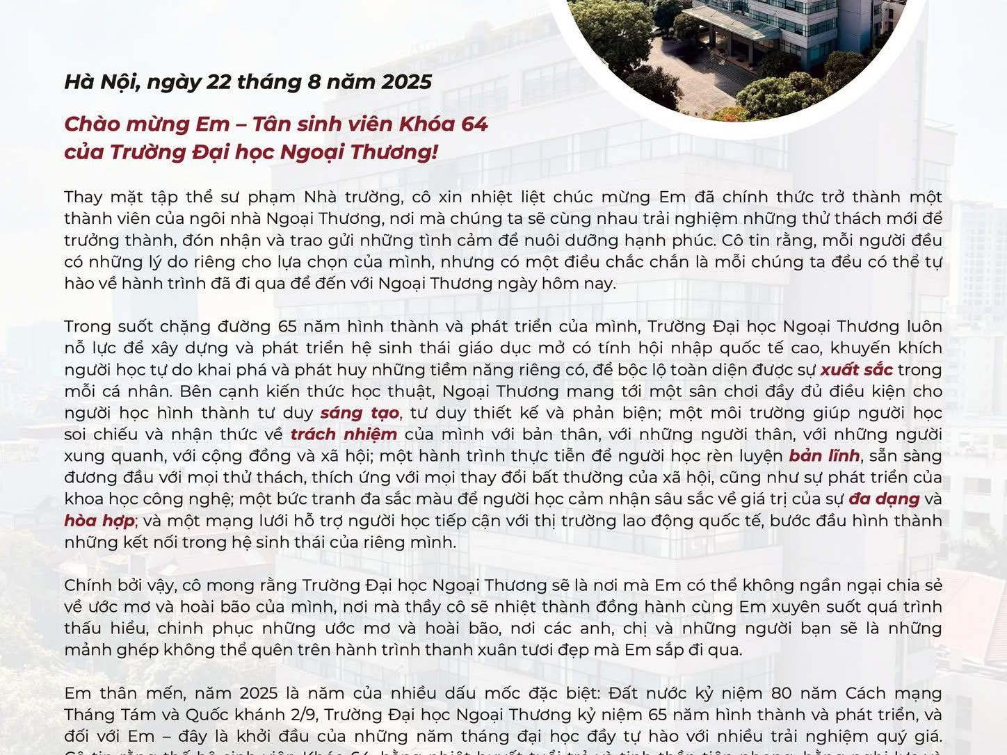 THƯ CHÚC MỪNG TÂN SINH VIÊN KHOÁ 64 CỦA HIỆU TRƯỞNG TRƯỜNG ĐẠI HỌC NGOẠI THƯƠNG