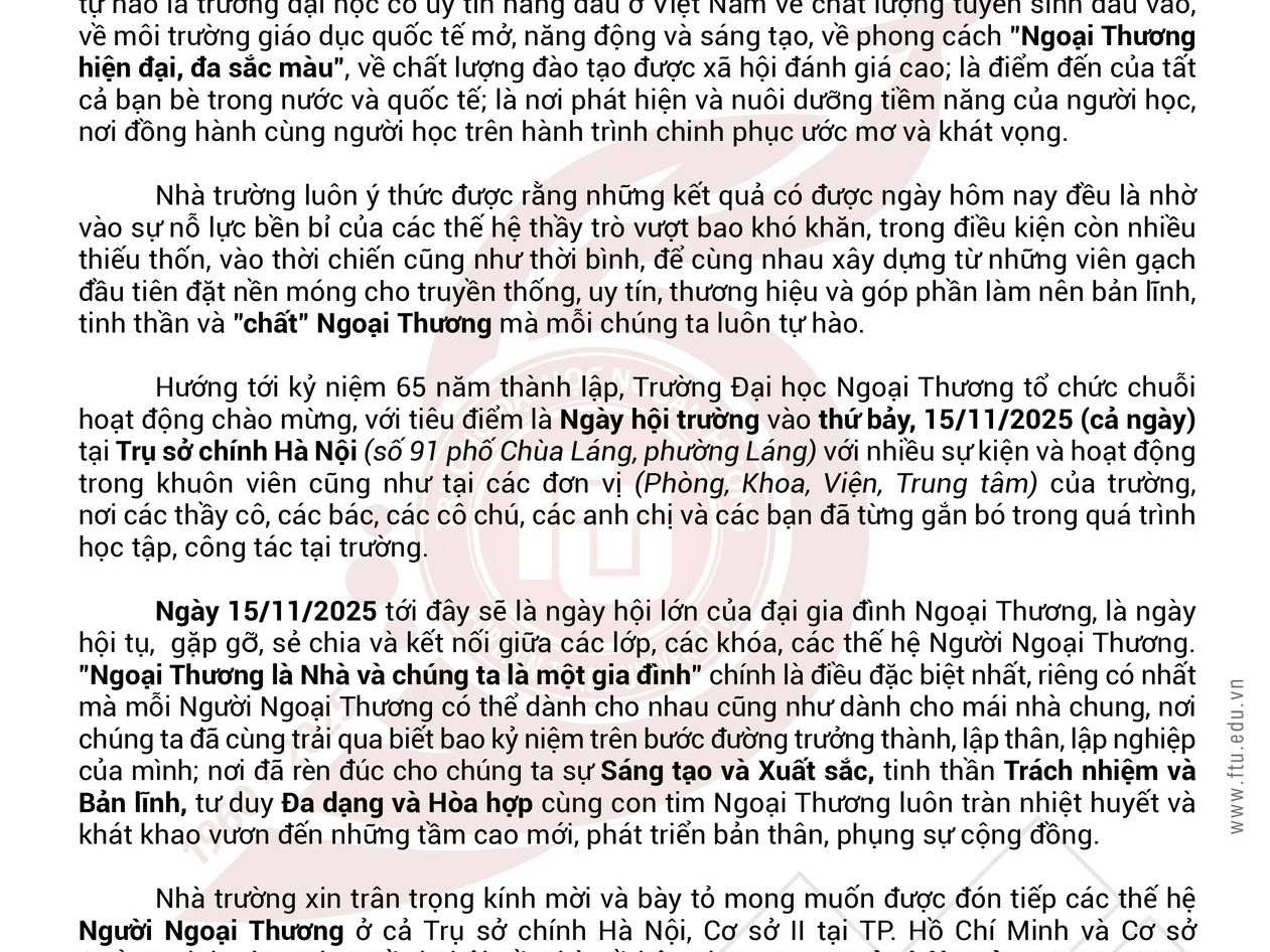 THƯ MỜI CÁC THẾ HỆ SINH VIÊN, HỌC VIÊN, NGHIÊN CỨU SINH; CÁC CỰU GIÁO CHỨC VÀ TOÀN THỂ CÁN BỘ, VIÊN CHỨC, NGƯỜI LAO ĐỘNG VỀ DỰ NGÀY HỘI TRƯỜNG 15/11/2025 NHÂN DỊP KỶ NIỆM 65 NĂM THÀNH LẬP TRƯỜNG (1960