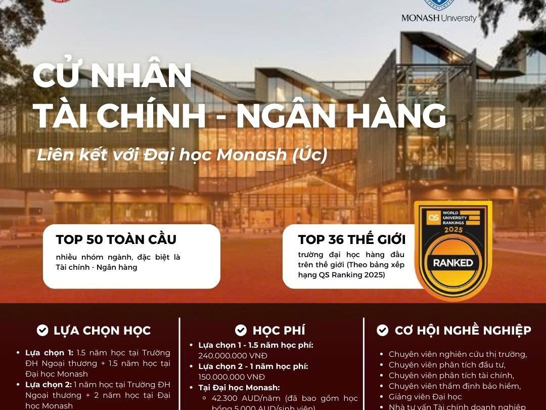 TUYỂN SINH CHƯƠNG TRÌNH CỬ NHÂN TÀI CHÍNH – NGÂN HÀNG LIÊN KẾT GIỮA TRƯỜNG ĐẠI HỌC NGOẠI THƯƠNG VÀ ĐẠI HỌC MONASH (ÚC)